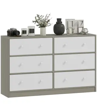 Cómoda con 6 Cajones de Tela Marco de Acero y MDF Cajonera para Salón Oficina Vestidor Blanco y Gris