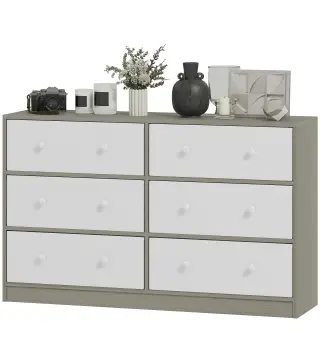 Cómoda con 6 Cajones de Tela Marco de Acero y MDF Cajonera para Salón Oficina Vestidor Blanco y Gris