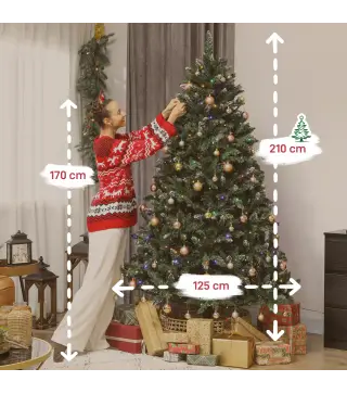 Árbol de Navidad de Abeto 210 cm con Luces LED 9 Modos de Iluminación 1160 Ramas con Nieve Artificial Verde