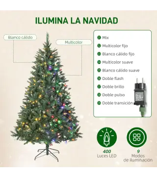 Árbol de Navidad de Abeto 210 cm con Luces LED 9 Modos de Iluminación 1160 Ramas con Nieve Artificial Verde