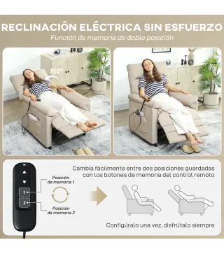 Sillón Relax Reclinable Eléctrico con Calor Lumbar Masaje Vibración Motor Silencioso Función de Memoria Beige