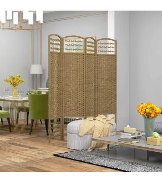 Biombo Separador de Ambientes de 4 Paneles Plegable de Cuerda de Papel 160x170cm Decoración para Dormitorio Natural