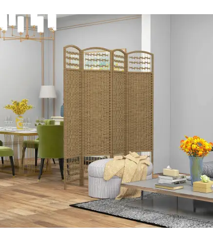 Biombo Separador de Ambientes de 4 Paneles Plegable de Cuerda de Papel 160x170cm Decoración para Dormitorio Natural