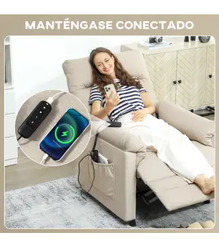 Sillón Relax Reclinable Eléctrico con Calor Lumbar Masaje Vibración Motor Silencioso Función de Memoria Beige