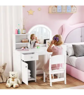 Tocador de Maquillaje Niña Tocador Infantil con Taburete y Espejo con Luces LED 1 Cajón Armario y 5 Estantes Blanco
