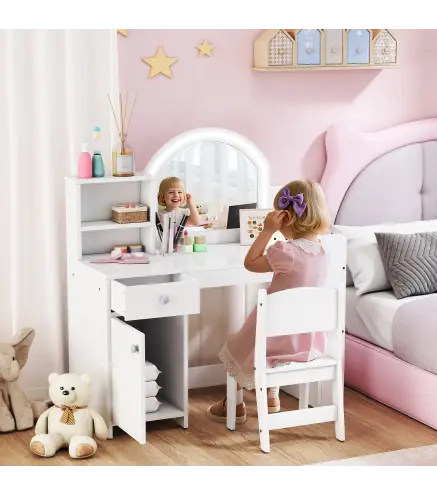 Tocador de Maquillaje Niña Tocador Infantil con Taburete y Espejo con Luces LED 1 Cajón Armario y 5 Estantes Blanco
