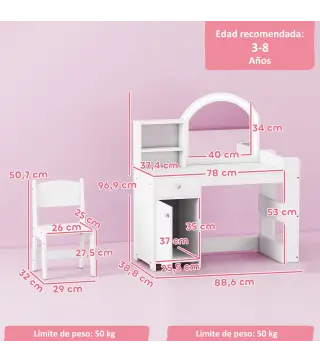 Tocador de Maquillaje Niña Tocador Infantil con Taburete y Espejo con Luces LED 1 Cajón Armario y 5 Estantes Blanco