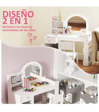 Tocador de Maquillaje Niña Tocador Infantil con Taburete y Espejo con Luces LED 1 Cajón Armario y 5 Estantes Blanco