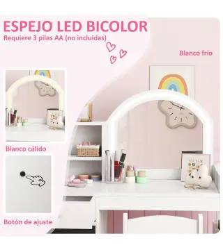 Tocador de Maquillaje Niña Tocador Infantil con Taburete y Espejo con Luces LED 1 Cajón Armario y 5 Estantes Blanco