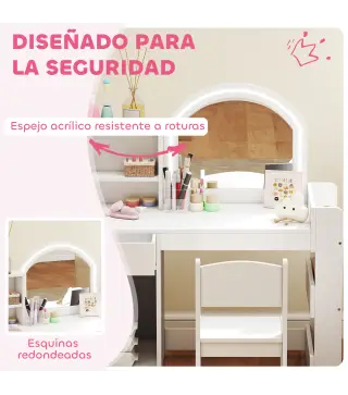 Tocador de Maquillaje Niña Tocador Infantil con Taburete y Espejo con Luces LED 1 Cajón Armario y 5 Estantes Blanco