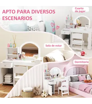 Tocador de Maquillaje Niña Tocador Infantil con Taburete y Espejo con Luces LED 1 Cajón Armario y 5 Estantes Blanco