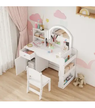 Tocador de Maquillaje Niña Tocador Infantil con Taburete y Espejo con Luces LED 1 Cajón Armario y 5 Estantes Blanco