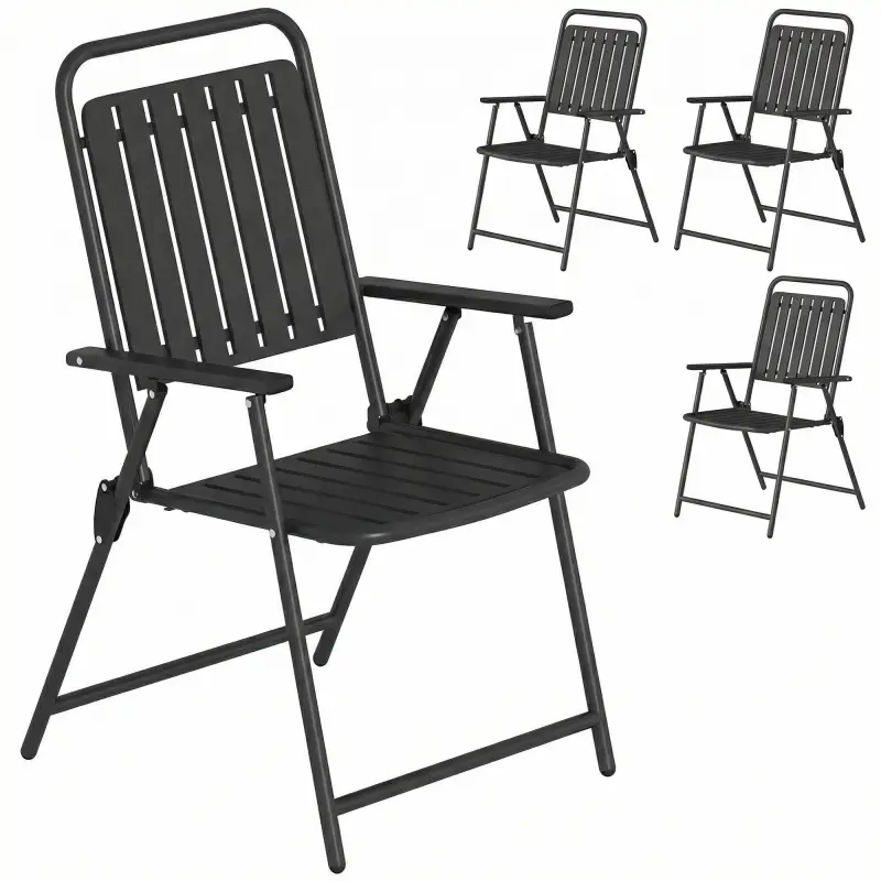 Juego de 4 Sillas de Jardín Exterior Plegables con Reposabrazos Respaldo y Asiento Marco Metálico 55x63x93 cm Negro