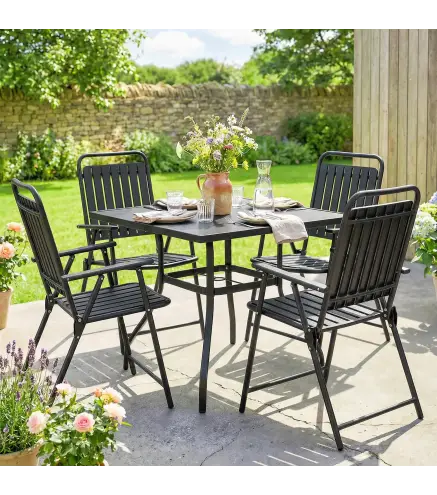 Juego de 4 Sillas de Jardín Exterior Plegables con Reposabrazos Respaldo y Asiento Marco Metálico 55x63x93 cm Negro