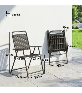 Juego de 4 Sillas de Jardín Exterior Plegables con Reposabrazos Respaldo y Asiento Marco Metálico 55x63x93 cm Marrón