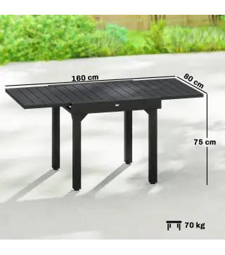 Mesa de Comedor Exterior Extensible 80/160 cm para 4-6 Personas Mesa de Jardín Rectangular para Terraza Negro