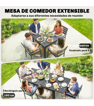 Mesa de Comedor Exterior Extensible 80/160 cm para 4-6 Personas Mesa de Jardín Rectangular para Terraza Negro