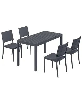 Conjunto de Mesa y Sillas Jardín con Mesa de Tablero Ranurado y 4 Sillas Apilables para Terraza Patio Gris