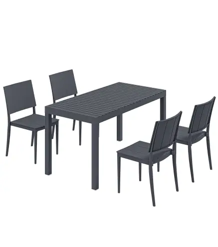 Conjunto de Mesa y Sillas Jardín con Mesa de Tablero Ranurado y 4 Sillas Apilables para Terraza Patio Gris