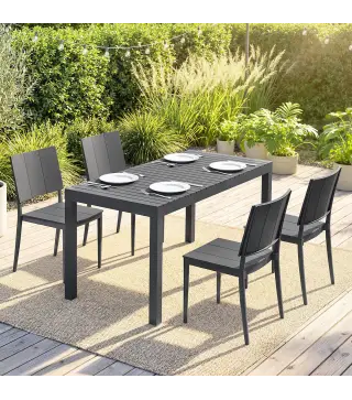 Conjunto de Mesa y Sillas Jardín con Mesa de Tablero Ranurado y 4 Sillas Apilables para Terraza Patio Gris