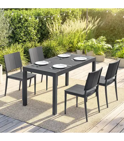 Conjunto de Mesa y Sillas Jardín con Mesa de Tablero Ranurado y 4 Sillas Apilables para Terraza Patio Gris