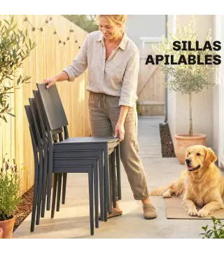 Conjunto de Mesa y Sillas Jardín con Mesa de Tablero Ranurado y 4 Sillas Apilables para Terraza Patio Gris