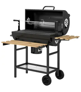 Barbacoa de Carbón Portátil Barbacoa Carbón Barril con Asador Eléctrico Estantes Plegables Ruedas Termómetro