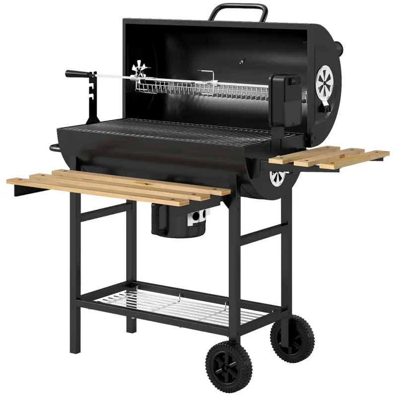 Barbacoa de Carbón Portátil Barbacoa Carbón Barril con Asador Eléctrico Estantes Plegables Ruedas Termómetro