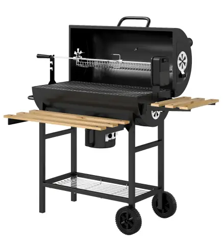 Barbacoa de Carbón Portátil Barbacoa Carbón Barril con Asador Eléctrico Estantes Plegables Ruedas Termómetro