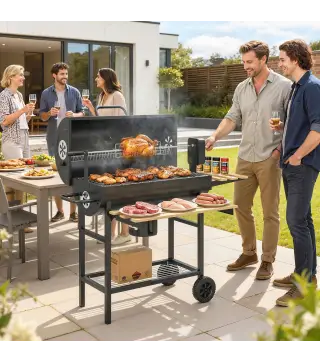 Barbacoa de Carbón Portátil Barbacoa Carbón Barril con Asador Eléctrico Estantes Plegables Ruedas Termómetro