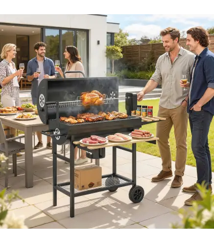 Barbacoa de Carbón Portátil Barbacoa Carbón Barril con Asador Eléctrico Estantes Plegables Ruedas Termómetro