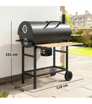 Barbacoa de Carbón Portátil Barbacoa Carbón Barril con Asador Eléctrico Estantes Plegables Ruedas Termómetro