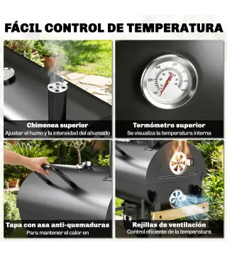 Barbacoa de Carbón Portátil Barbacoa Carbón Barril con Asador Eléctrico Estantes Plegables Ruedas Termómetro