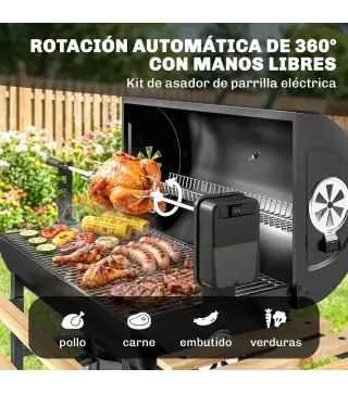 Barbacoa de Carbón Portátil Barbacoa Carbón Barril con Asador Eléctrico Estantes Plegables Ruedas Termómetro