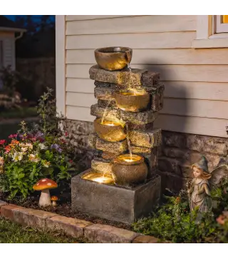 Fuente de Jardín con Iluminación LED Bomba Fuente Decorativa en Cascada de 5 Niveles Flujo Ajustable Marrón Rústico