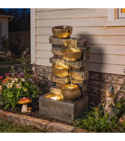 Fuente de Jardín con Iluminación LED Bomba Fuente Decorativa en Cascada de 5 Niveles Flujo Ajustable Marrón Rústico