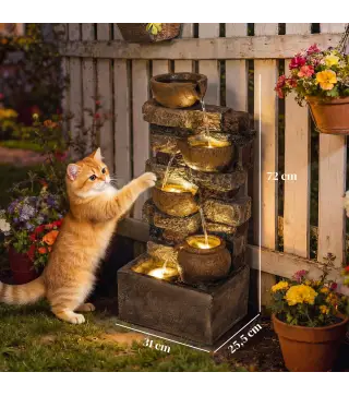 Fuente de Jardín con Iluminación LED Bomba Fuente Decorativa en Cascada de 5 Niveles Flujo Ajustable Marrón Rústico