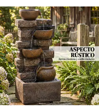 Fuente de Jardín con Iluminación LED Bomba Fuente Decorativa en Cascada de 5 Niveles Flujo Ajustable Marrón Rústico