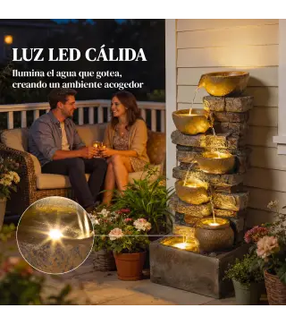 Fuente de Jardín con Iluminación LED Bomba Fuente Decorativa en Cascada de 5 Niveles Flujo Ajustable Marrón Rústico