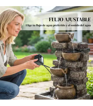 Fuente de Jardín con Iluminación LED Bomba Fuente Decorativa en Cascada de 5 Niveles Flujo Ajustable Marrón Rústico