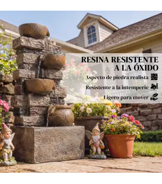 Fuente de Jardín con Iluminación LED Bomba Fuente Decorativa en Cascada de 5 Niveles Flujo Ajustable Marrón Rústico