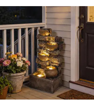 Fuente de Jardín con Iluminación LED Bomba Fuente Decorativa en Cascada de 5 Niveles Flujo Ajustable Marrón Rústico