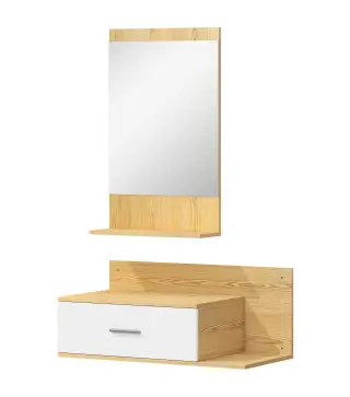 Conjunto de Recibidor de Entrada de Pared con Espejo y Almacenaje Espejo con Cajón y 2 Estantes Abiertos Madera Natural