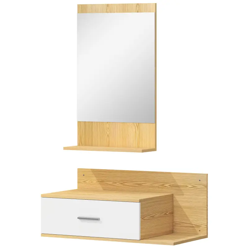 Conjunto de Recibidor de Entrada de Pared con Espejo y Almacenaje Espejo con Cajón y 2 Estantes Abiertos Madera Natural