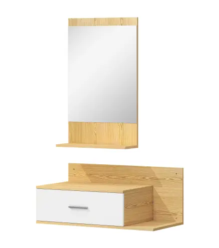 Conjunto de Recibidor de Entrada de Pared con Espejo y Almacenaje Espejo con Cajón y 2 Estantes Abiertos Madera Natural