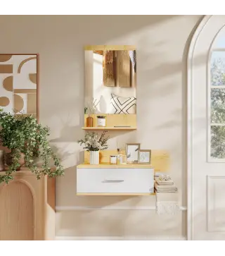 Conjunto de Recibidor de Entrada de Pared con Espejo y Almacenaje Espejo con Cajón y 2 Estantes Abiertos Madera Natural
