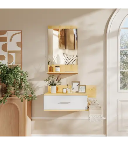 Conjunto de Recibidor de Entrada de Pared con Espejo y Almacenaje Espejo con Cajón y 2 Estantes Abiertos Madera Natural