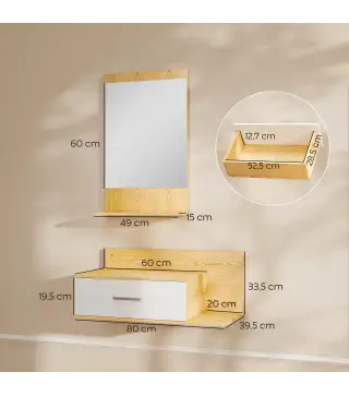 Conjunto de Recibidor de Entrada de Pared con Espejo y Almacenaje Espejo con Cajón y 2 Estantes Abiertos Madera Natural
