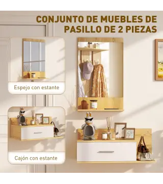Conjunto de Recibidor de Entrada de Pared con Espejo y Almacenaje Espejo con Cajón y 2 Estantes Abiertos Madera Natural