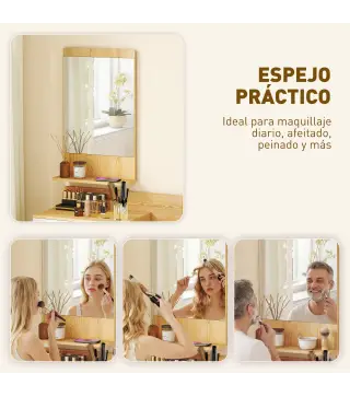 Conjunto de Recibidor de Entrada de Pared con Espejo y Almacenaje Espejo con Cajón y 2 Estantes Abiertos Madera Natural